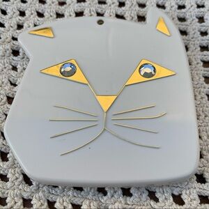 Vintage 1987 White Gold Cat Compact Dual Mirror Rhinestone Eyes E&B Giftware Inc